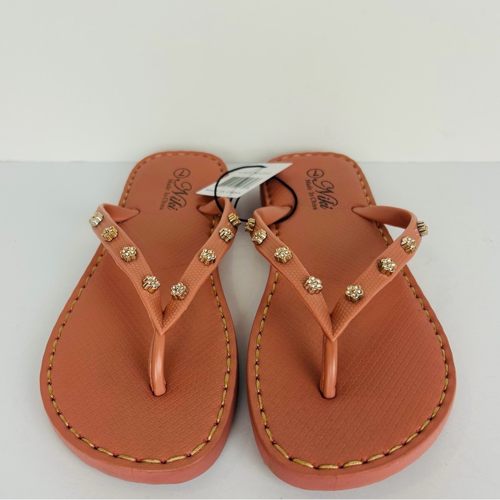 NWT Flip Flops Women's 8 Pink Rose Gold Rhinestone Cushion Rubber Sole Sandals